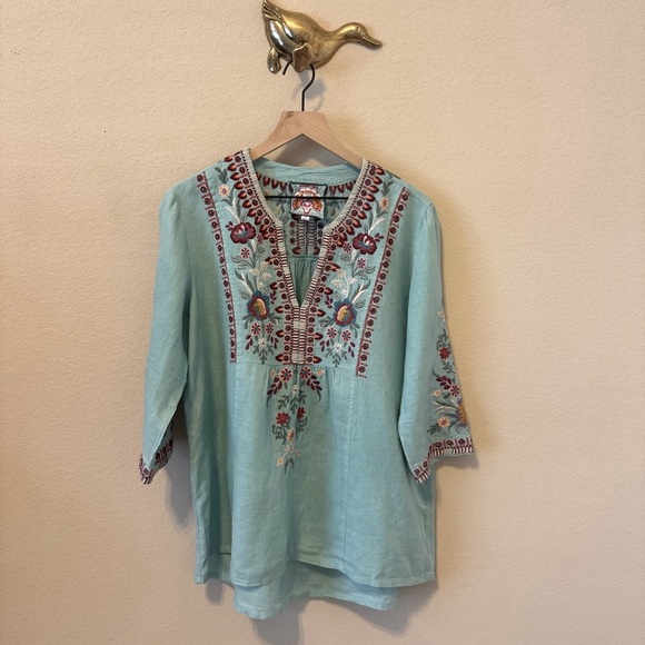 Johnny Was Tops - Johnny Was Teal Embroidered Linen Tunic Shirt Top Size Medium